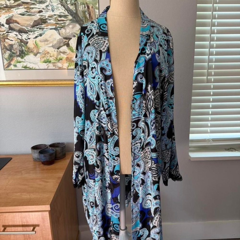Apt 9 Teal Blue Paisley Satin Robe Black Lace Trim Y2K Boho Kimono Large